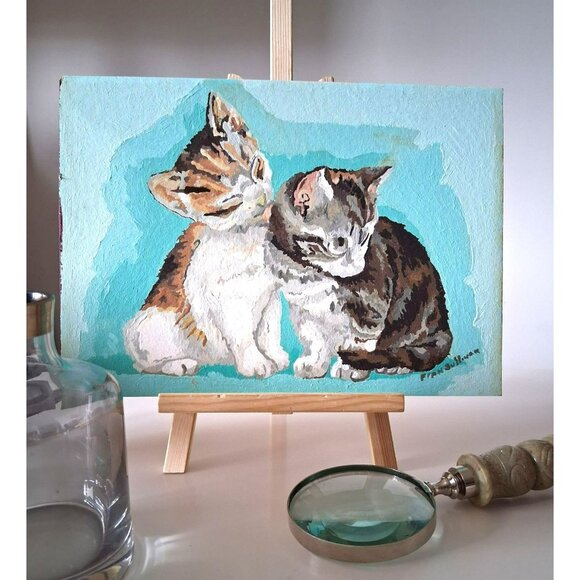 Vintage Hand Painted Oil Painting Of Two Kittens On Board Artist Fran Sullivan - Picture 4 of 10